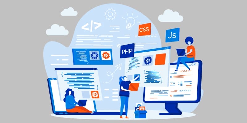 Vector illustration of web developers and web design programming courses.