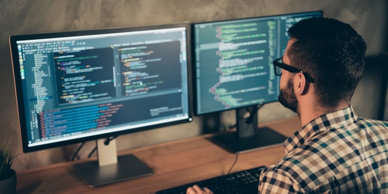 Side view of a professional working with his computer illustrates the difference between Data Scientist, Data Analyst and Data Engineer.