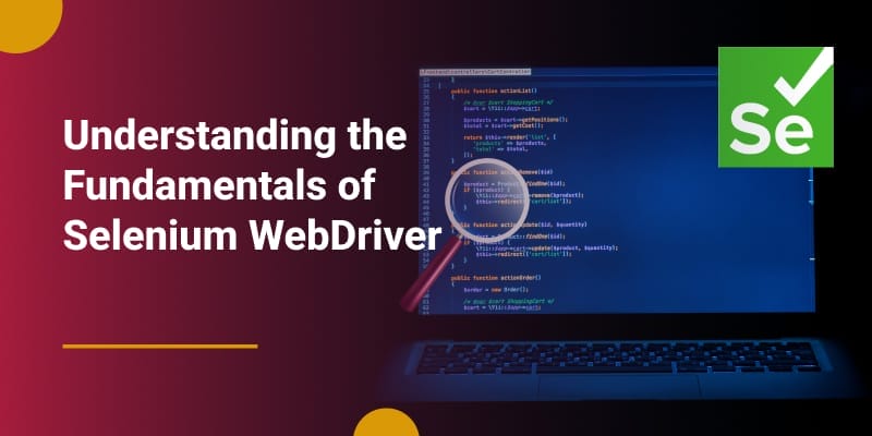 Magnifying glass over web code, symbolizing Selenium WebDriver automating testing elements.