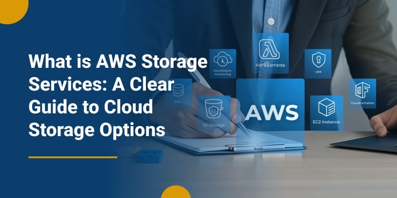 A man taking notes while looking at a digital screen displaying various AWS storage service icons.