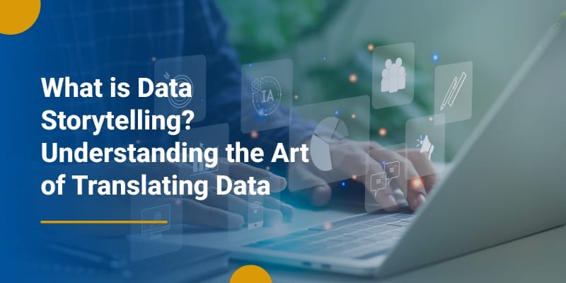 A person on a laptop with a screen showing data storytelling icons like charts and graphs.